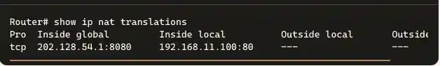 Introduction to Port Forwarding including Its Configuration - Exclusive Explanation (Updated 2025) 3 Cisco IOS CLI output of show ip nat translations displaying port forwarding from 202.128.54.1:8080 to 192.168.11.100:80. Title: NAT Translation Output for Port Forwarding