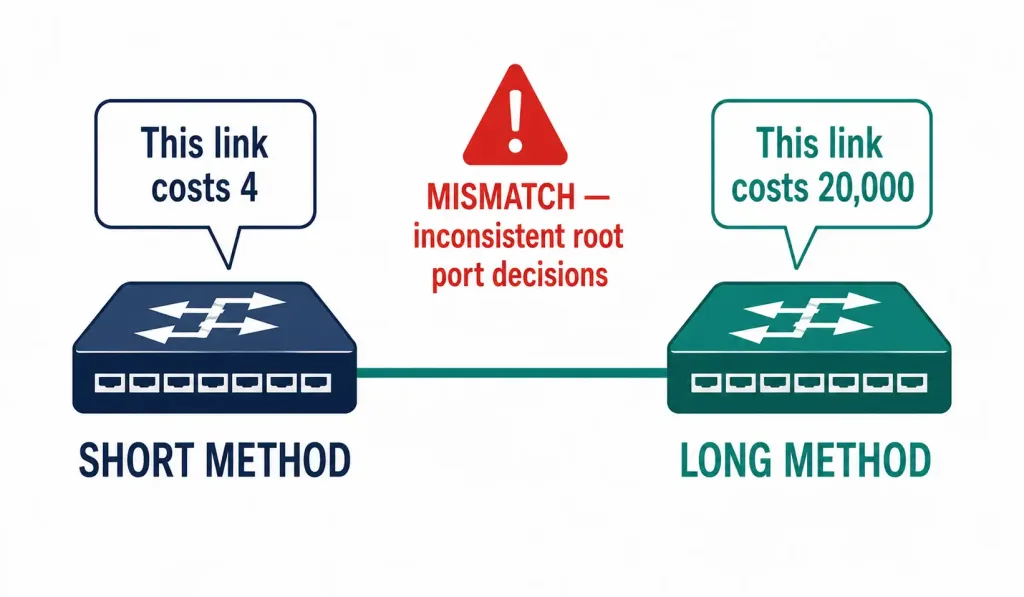 Spanning Tree Path Cost: Root Port Election Explained 4 Diagram Showing Two Switches With Mismatched Cost Methods Calculating Different Costs For The Same Link
