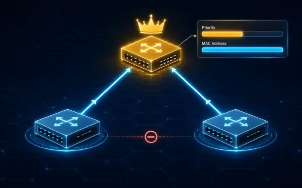 Triangular Network Topology Of Three Switches With One Glowing Gold Switch Marked As The Elected Root Bridge And A Blocked Redundant Link Shown Dimmed