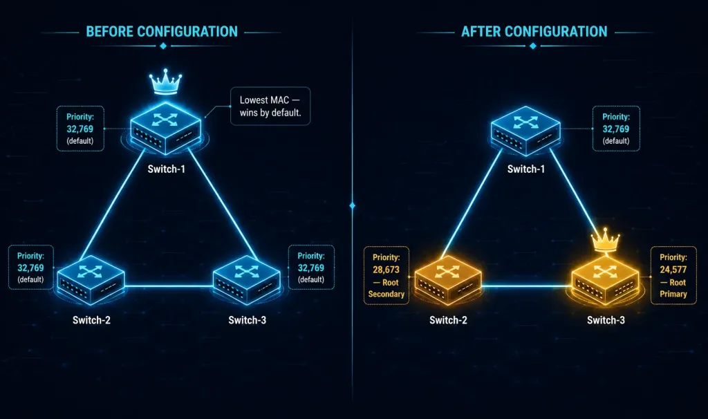 Spanning Tree Bridge Id Configuration: Root Primary And Root Secondary Explained 3 Before And After Network Topology Diagram Showing Three Switches, Where Switch-1 Wins The Root Bridge Election By Default Mac Address, And Switch-3 Becomes Root Primary With Switch-2 As Root Secondary After Configuration
