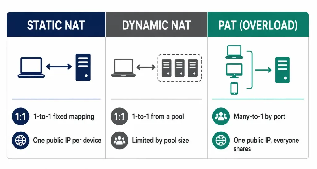 Network Address Translation (Nat) &Amp; Rfc 1918 Private Ipv4 Addresses 3 Three-Column Comparison Of Static Nat, Dynamic Nat, And Pat Overload, Covering Mapping Type And Public Address Requirements