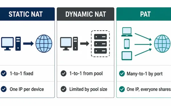 Three-Column Comparison Of Static Nat, Dynamic Nat, And Pat Covering Mapping Type And Address Requirements