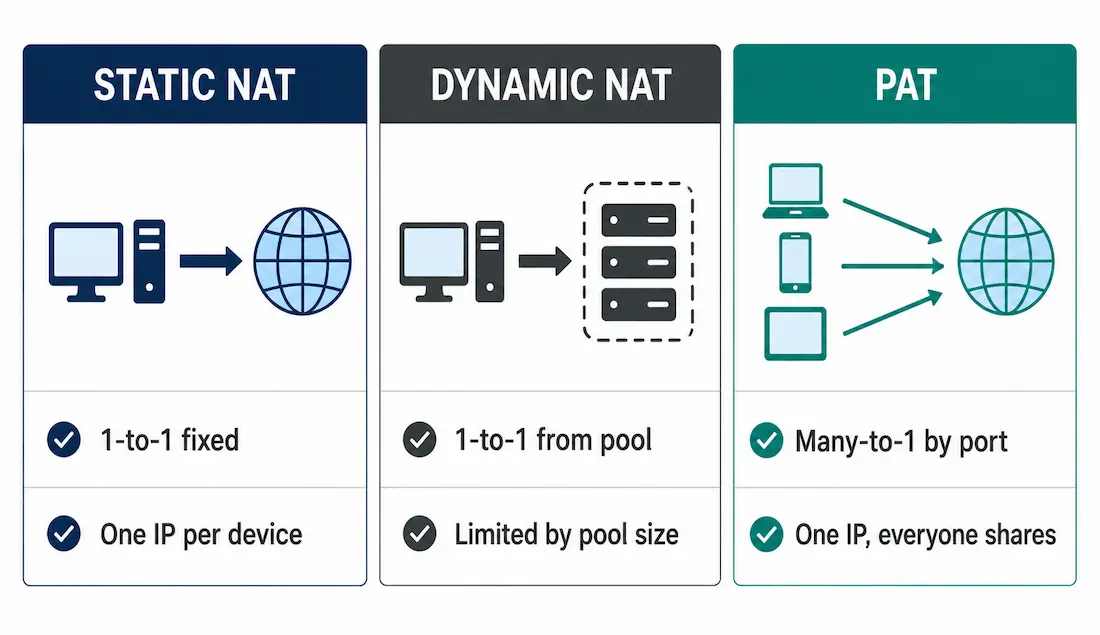 What Are The Types Of Nat Translation? 1 Three-Column Comparison Of Static Nat, Dynamic Nat, And Pat Covering Mapping Type And Address Requirements