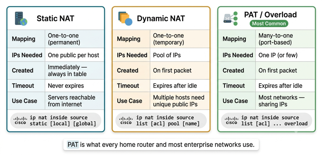 Nat Terminology Explained: Ccna 200-301 Must-Know Address Types 5 Three-Column Comparison Of Nat Types: Static Nat With Permanent One-To-One Mapping For Servers, Dynamic Nat With Temporary One-To-One Mapping From A Pool, And Pat With Many-To-One Port-Based Mapping Labeled As The Most Common Type, Including Cisco Ios Command Syntax For Each