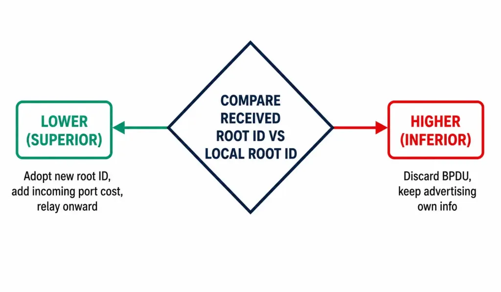 Bridge Protocol Data Unit (Bpdu): Frame Format, Fields, And How Root Bridge Election Actually Works 3 Flowchart Showing How A Switch Compares A Received Bpdu'S Root Id Against Its Own And Either Adopts Or Discards It