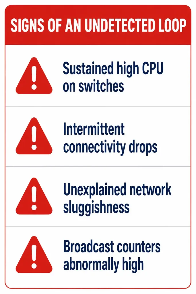 Network Redundancy: Layer 1/2 Loops, Stp, And Failover Design 4 Checklist Of Four Warning Signs Pointing To An Undetected Layer 2 Loop: High Cpu, Intermittent Drops, Sluggishness, And Abnormal Broadcast Counters