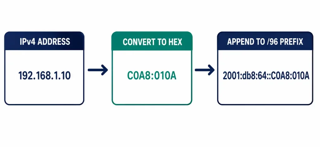 Nat For Ipv6: Ula, Nat64, And Ipv6 Transition Mechanisms 4 Step-By-Step Diagram Showing An Ipv4 Address Converted To Hex And Embedded Into A Nat64 Synthesized Ipv6 Address