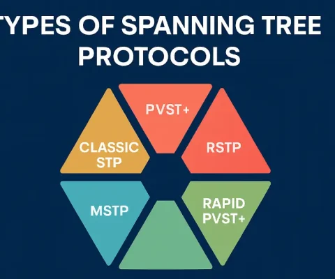 Hexagonal Infographic Showing The Five Main Types Of Spanning Tree Protocols: Classic Stp, Pvst+, Rstp, Rapid Pvst+, And Mstp – Perfect Visual Summary For Ccna And Ccnp Students