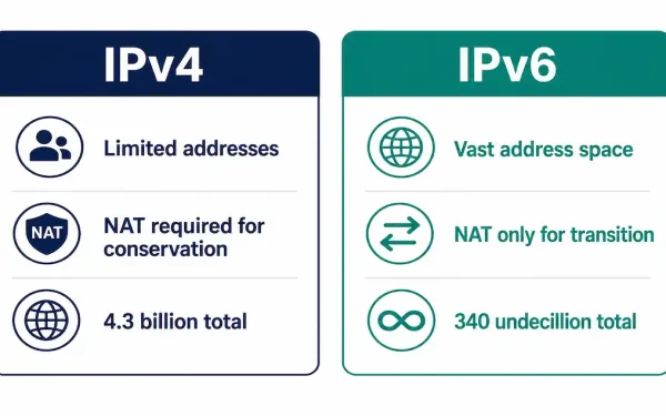 Comparison Showing Ipv4'S Limited Address Space Requiring Nat For Conservation Versus Ipv6'S Vast Address Space Needing Nat Only During Transition