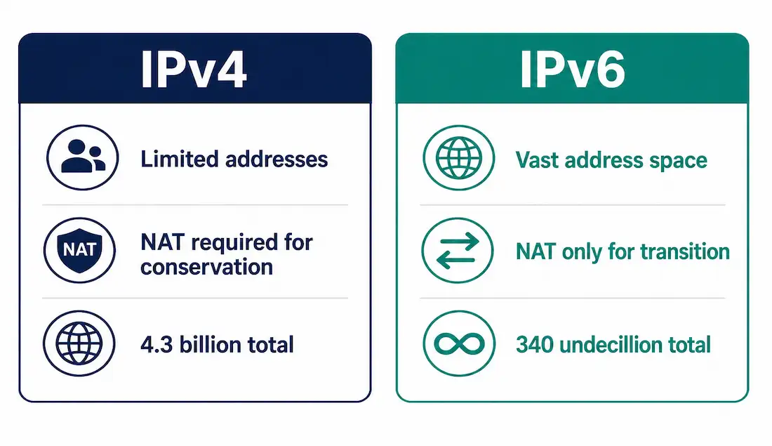 Nat For Ipv6: Ula, Nat64, And Ipv6 Transition Mechanisms 1 Comparison Showing Ipv4'S Limited Address Space Requiring Nat For Conservation Versus Ipv6'S Vast Address Space Needing Nat Only During Transition