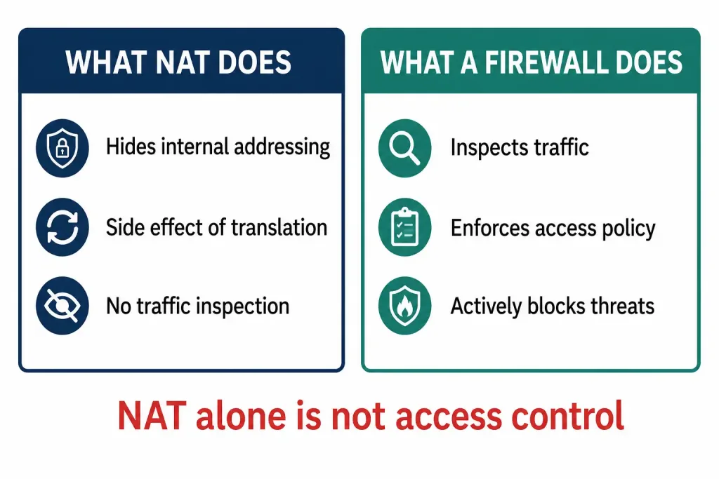 Nat Advantages And Disadvantages 2 Comparison Clarifying That Nat Only Hides Internal Addressing As A Side Effect, While A Firewall Actively Inspects Traffic And Enforces Access Policy