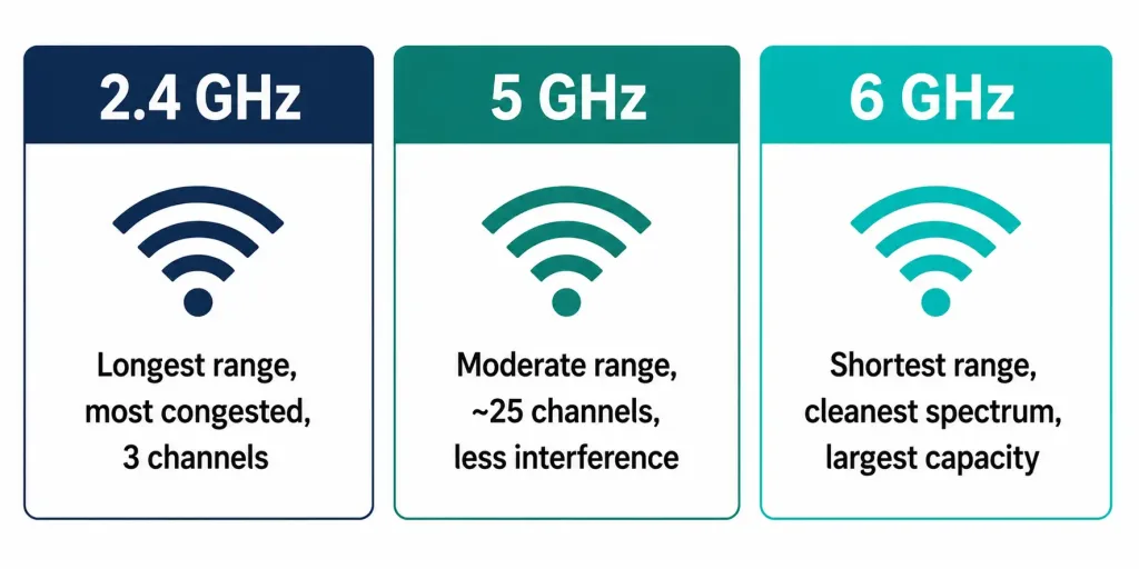 Ieee 802.11 Standards: A Complete Guide To Wi-Fi Generations 4 Comparison Of 2.4 Ghz, 5 Ghz, And 6 Ghz Wi-Fi Bands Across Range, Channel Availability, And Congestion