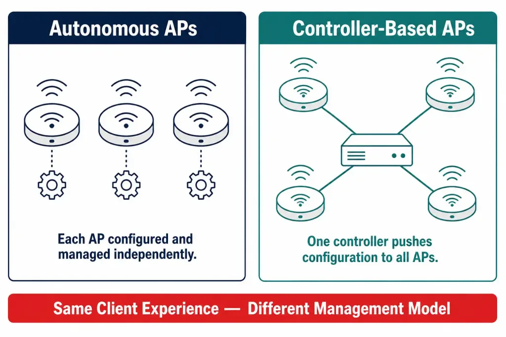 Wireless Access Points: How They Work And How They'Re Managed In 2026 2 Split Diagram Contrasting Autonomous Access Points, Each Independently Configured, With Controller-Based Access Points Managed Centrally From One Wireless Lan Controller