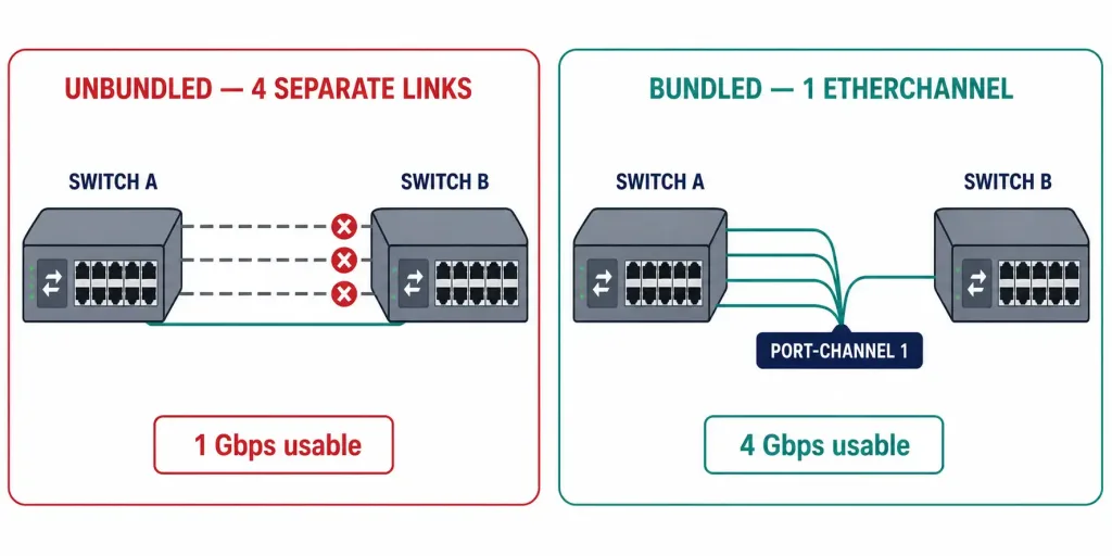 Etherchannel: Bandwidth, Limits, And How It Actually Bonds Links 4 Comparison Showing Four Unbundled Gigabit Links Reduced To 1 Gbps By Stp Versus Four Bundled Links Providing Full 4 Gbps