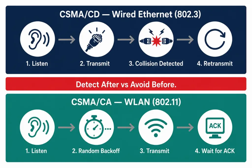 Comparison Between Wlan And Lan – Exclusive Explanation 3 Two-Lane Flowchart Comparing The Four-Step Csma/Cd Collision Detection Process Used By Wired Ethernet With The Four-Step Csma/Ca Collision Avoidance Process Used By Wlan