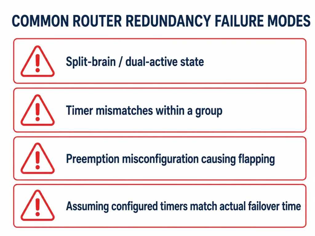 Router Redundancy: How Virtual Routers Actually Work 4 Checklist Of Four Common Router Redundancy Problems Including Split-Brain, Timer Mismatches, And Preemption Flapping