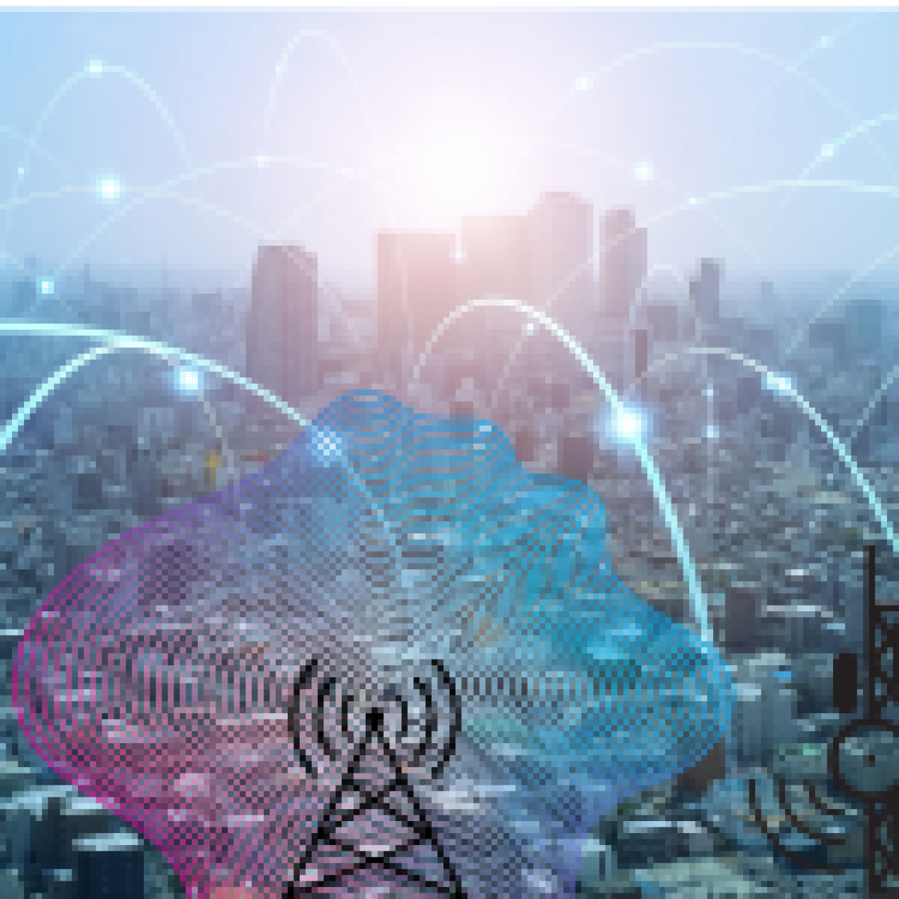 Wireless technologies ecosystem showing smartphones, routers, and IoT devices interconnected via radio waves and cellular signals.