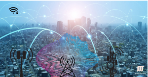 Wireless technologies ecosystem showing smartphones, routers, and IoT devices interconnected via radio waves and cellular signals.