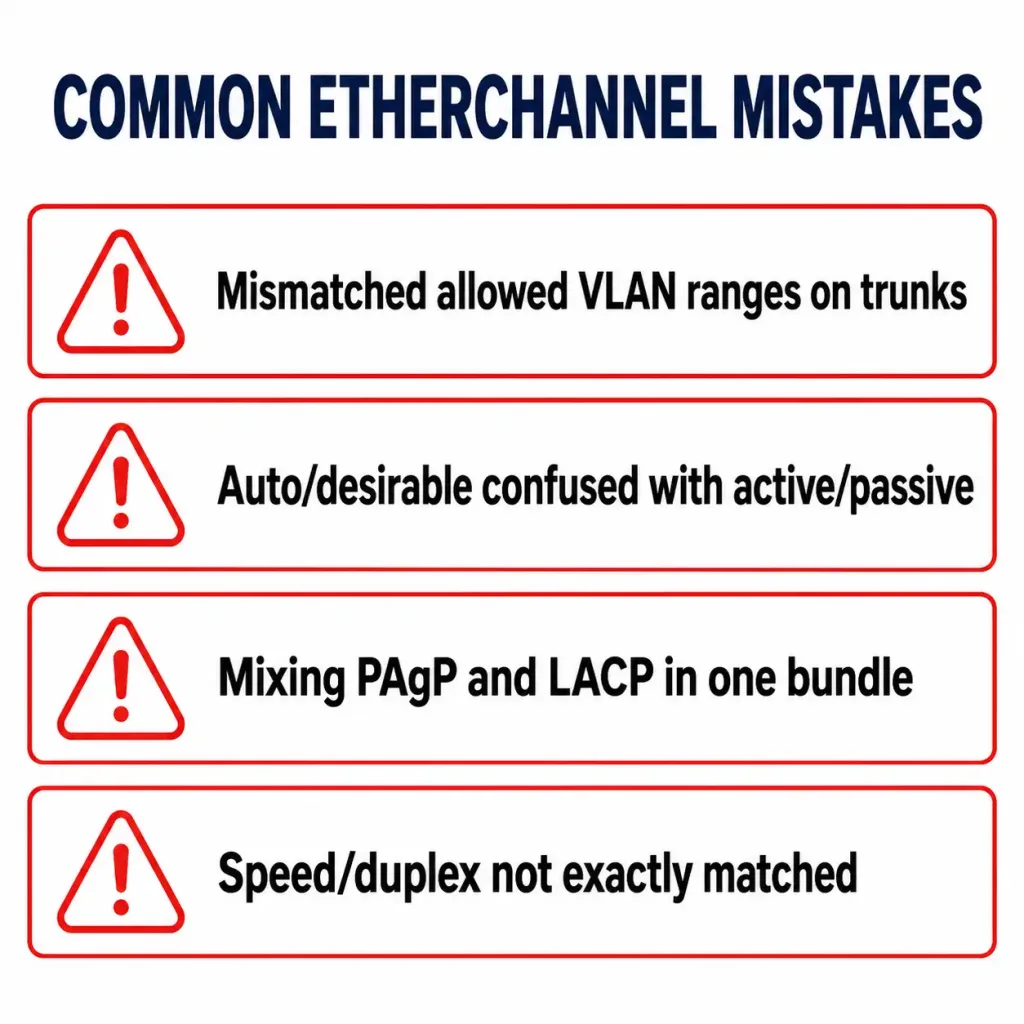 How To Configure Etherchannel: Restrictions And Step-By-Step Setup 4 Checklist Of Common Etherchannel Configuration Mistakes Including Vlan Mismatches, Reversed Mode Logic, And Mixed Protocols