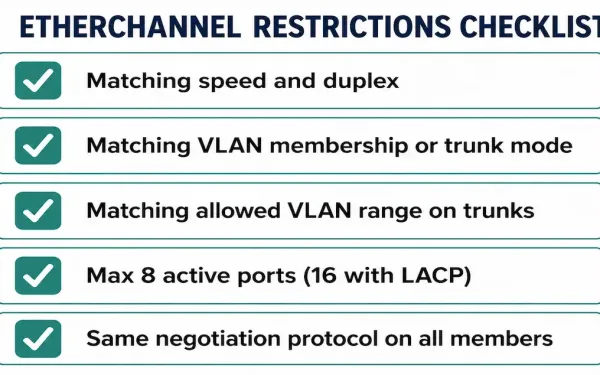 Checklist Of The Core Etherchannel Restrictions Including Speed/Duplex Matching, Vlan Matching, And Port Limits