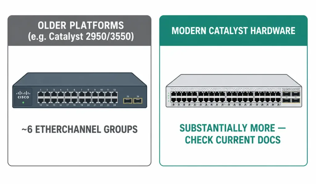 Etherchannel: Bandwidth, Limits, And How It Actually Bonds Links 2 Comparison Showing Older Cisco Platforms Supporting Six Etherchannel Groups Versus Modern Catalyst Hardware Supporting Far More