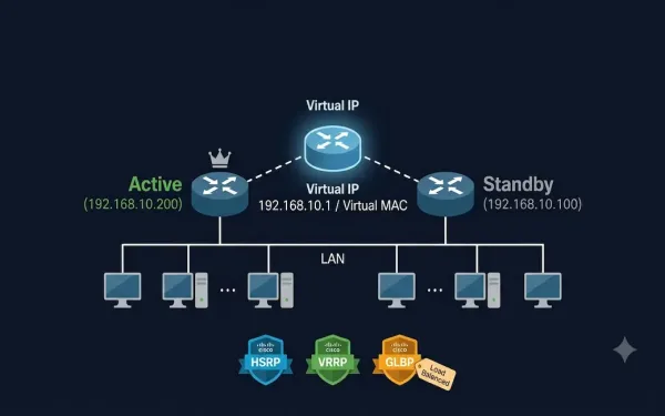 Two Physical Routers Labeled Active And Standby Sharing A Virtual Ip And Mac Address As A Default Gateway For Lan Hosts, With Hsrp, Vrrp, And Glbp Protocol Badges Below