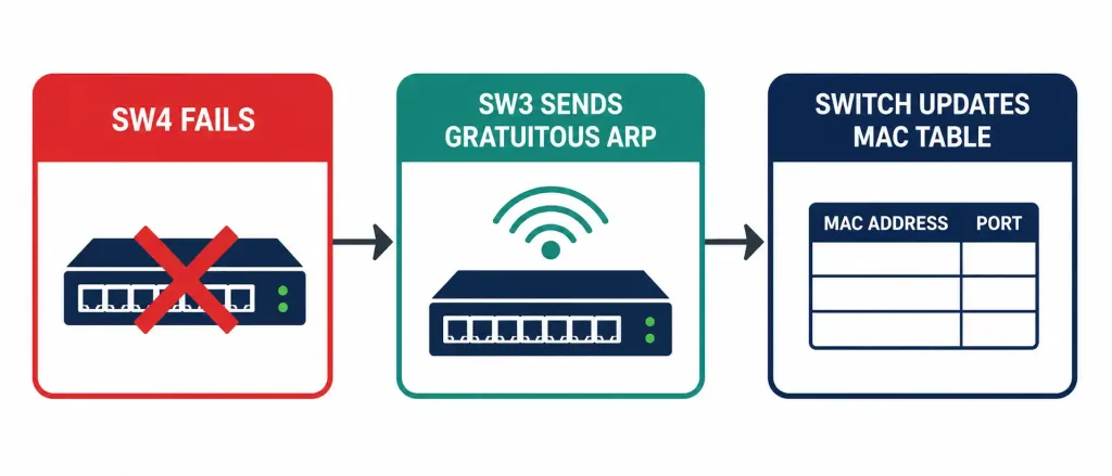 Router Redundancy: How Virtual Routers Actually Work 2 Three-Step Sequence Showing Router Failure, Gratuitous Arp Announcement, And Switch Mac Table Update