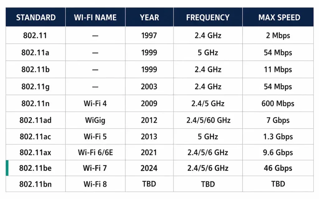 Ieee 802.11 Standards: A Complete Guide To Wi-Fi Generations 3 Complete Comparison Table Of All Ieee 802.11 Standards With Year, Frequency, Max Speed, And Key Technology