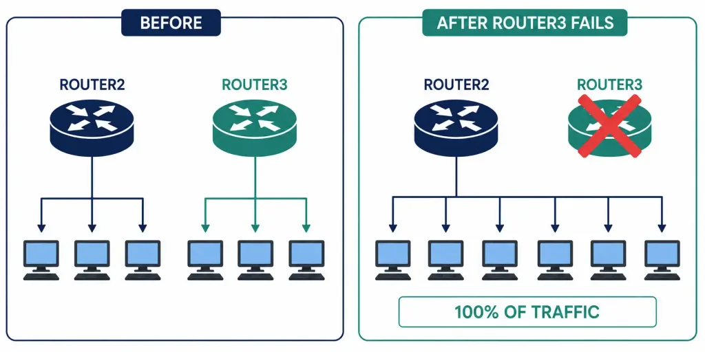 How To Configure Glbp: Active-Active Gateway Load Balancing 4 Diagram Showing Hosts Previously Assigned To A Failed Router Being Reassigned To The Surviving Router During A Glbp Failover