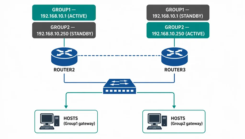 How To Configure Hsrp: Step-By-Step Guide 4 Two Hsrp Groups On The Same Router Pair, Each With A Different Active Router, Distributing Traffic Across Both Physical Devices