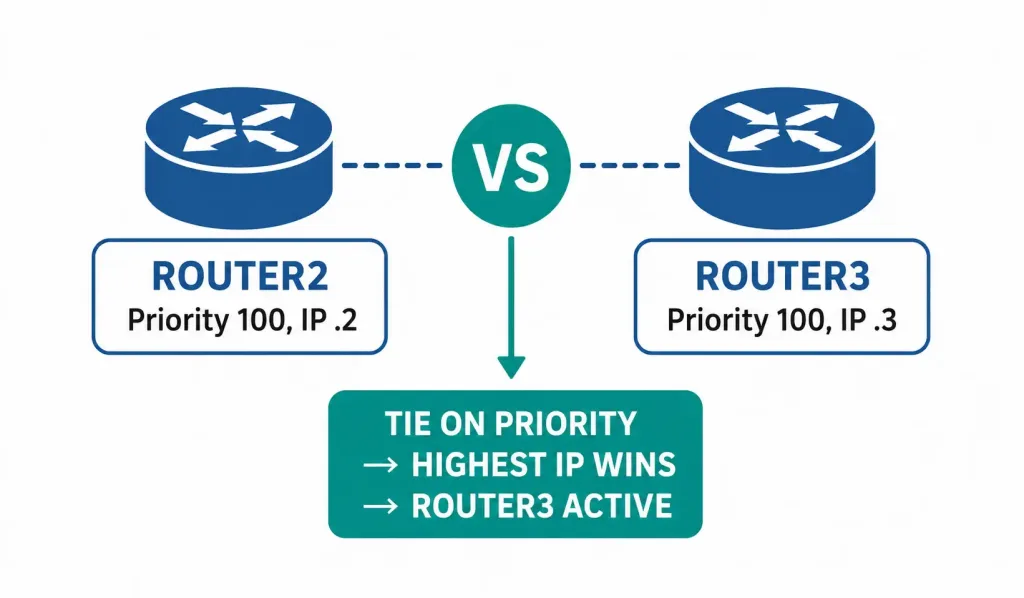 How To Configure Hsrp: Step-By-Step Guide 2 Diagram Showing Two Routers With Equal Default Priority, With The Higher Ip Address Winning The Tiebreak