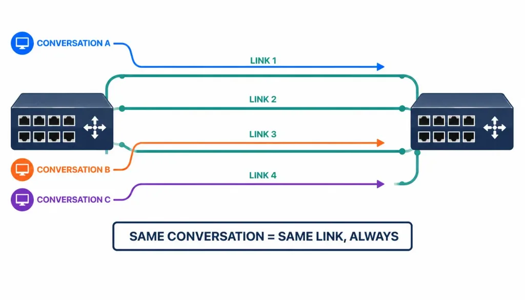 What Is Link Aggregation? A Complete Introduction 3 Three Separate Network Conversations Each Consistently Routed Down One Of Four Bundled Physical Links Between Two Switches