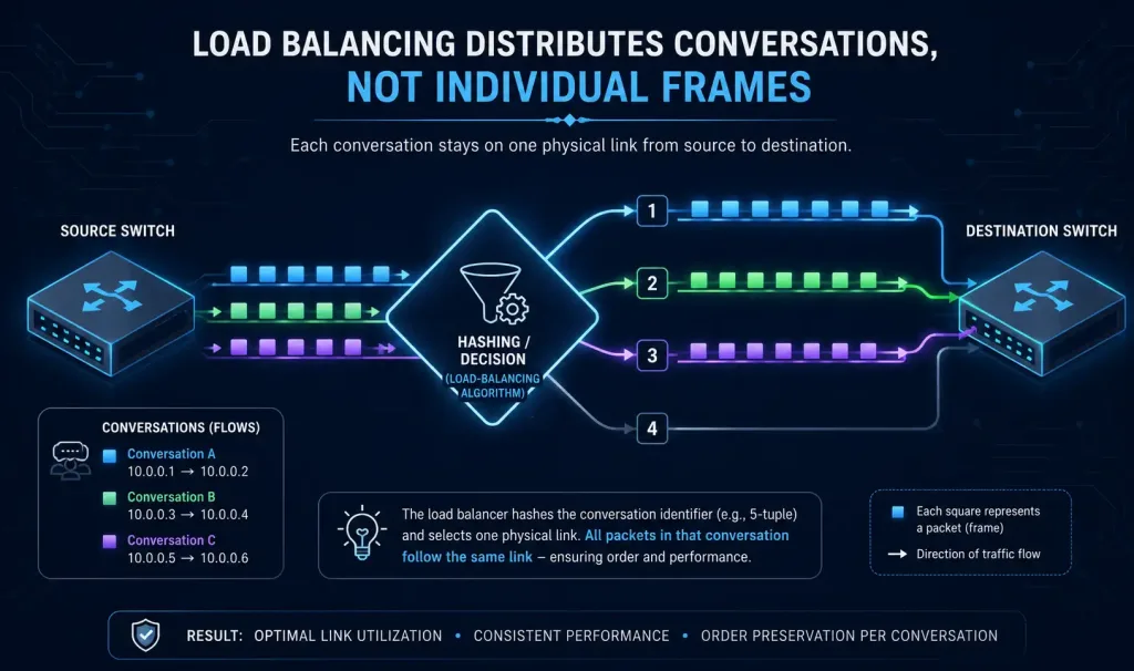 What Is Link Aggregation?- Exclusive Introduction 3 Flow Diagram Showing Three Separate Network Conversations Each Routed Consistently Down One Of Four Bundled Physical Links Between Two Switches