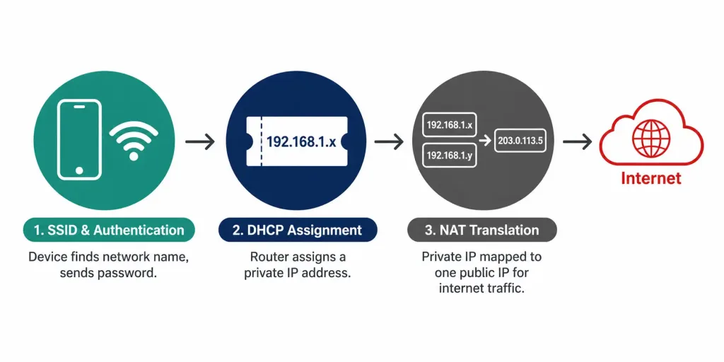 Wireless Home Router: How It Works And How To Choose One In 2026 2 Three-Step Diagram Showing How A Device Connects To A Router Through Ssid Authentication, Dhcp Ip Assignment, And Nat Translation Before Reaching The Internet