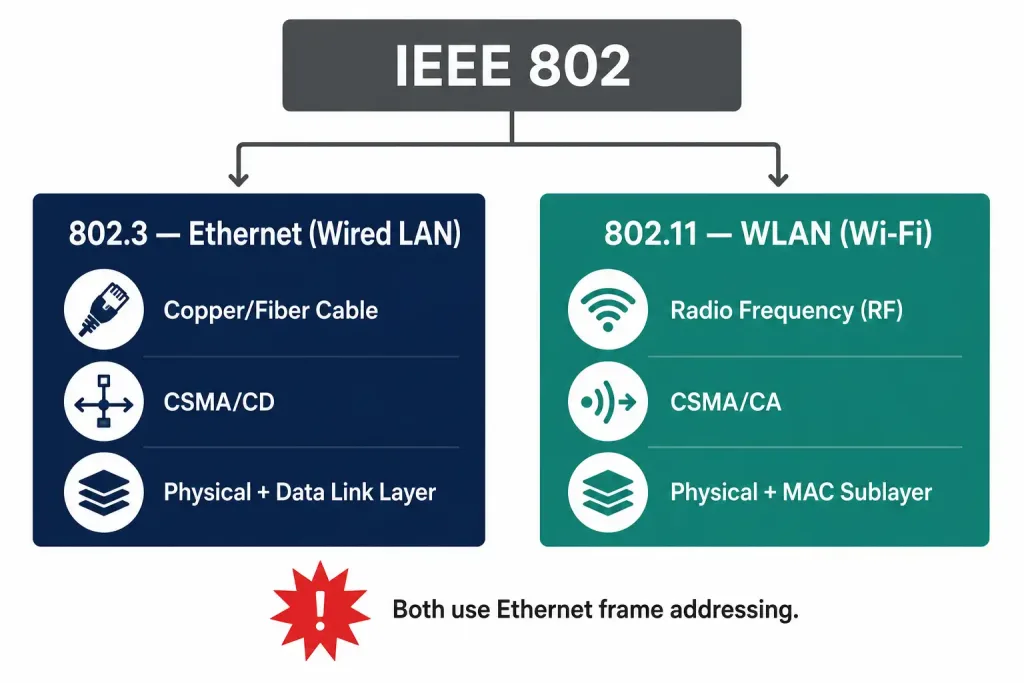 Comparison Between Wlan And Lan – Exclusive Explanation 2 Diagram Showing Ieee 802 Branching Into 802.3 Ethernet For Wired Lan And 802.11 For Wireless Wlan, Each Listing Its Medium, Access Method, And Osi Layers