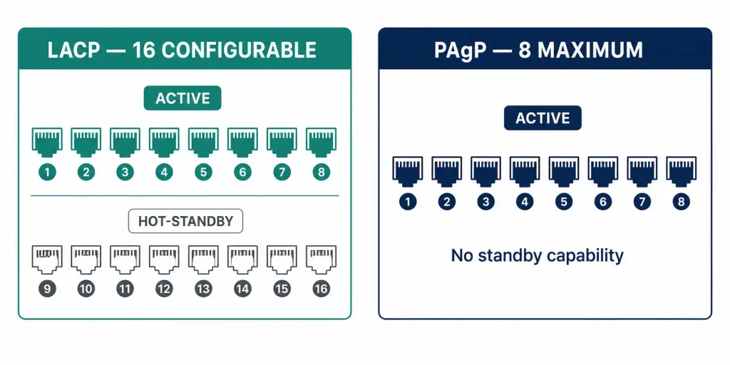 Etherchannel Protocols: Pagp And Lacp Explained 2 Diagram Showing Lacp Supporting 8 Active Plus 8 Hot-Standby Ports Versus Pagp Supporting Only 8 Active Ports With No Standby