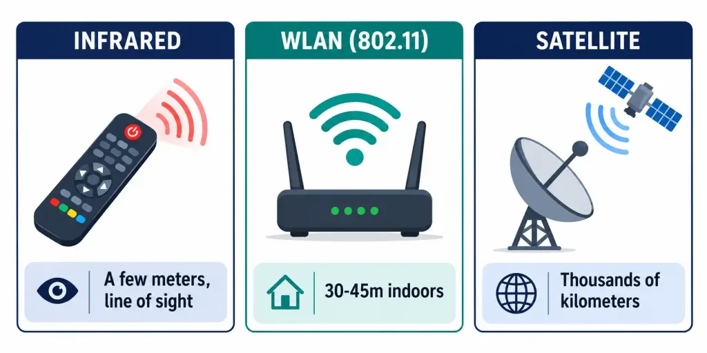 Introduction To Wireless Networking: Wlan Fundamentals 2 Side-By-Side Icons Showing A Tv Remote, A Wi-Fi Router, And A Satellite Dish With Their Vastly Different Operating Ranges