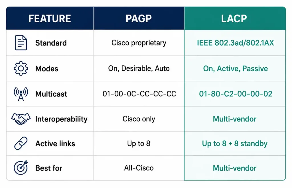 Etherchannel Protocols: Pagp And Lacp Explained 3 Full Comparison Table Of Pagp And Lacp Across Standard, Modes, Multicast Address, Interoperability, And Link Limits