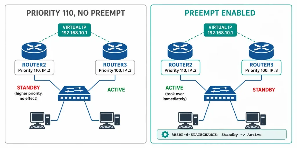 How To Configure Hsrp: Step-By-Step Guide 3 Side-By-Side Comparison Showing A Higher-Priority Router Staying In Standby Without Preempt, Then Taking Over Immediately Once Preempt Is Enabled