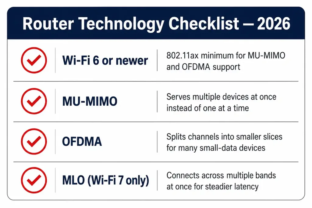 Wireless Home Router: How It Works And How To Choose One In 2026 3 Checklist Infographic Of Four Router Technology Features To Look For: Wi-Fi 6 Or Newer, Mu-Mimo, Ofdma, And Multi-Link Operation For Wi-Fi 7