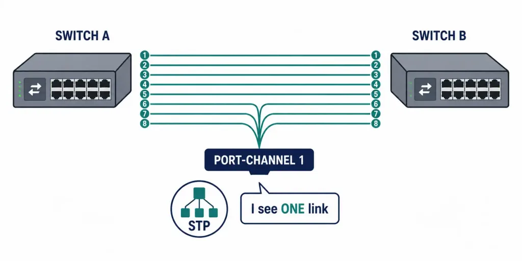 Etherchannel: Bandwidth, Limits, And How It Actually Bonds Links 3 Diagram Showing Eight Physical Links Between Two Switches Represented To Stp As A Single Logical Port-Channel Interface