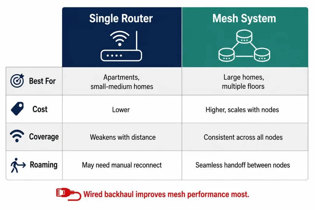 Wireless Home Router: How It Works And How To Choose One In 2026 4 Comparison Table Contrasting Single Router And Mesh Wi-Fi System Across Best Use Case, Cost, Coverage Consistency, And Device Roaming