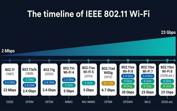 Timeline Comparison Of All Ieee 802.11 Wi-Fi Standards From Original 802.11 In 1997 Through Wi-Fi 7 (802.11Be) In 2024, Showing Frequency Bands, Max Speeds, And Key Technologies