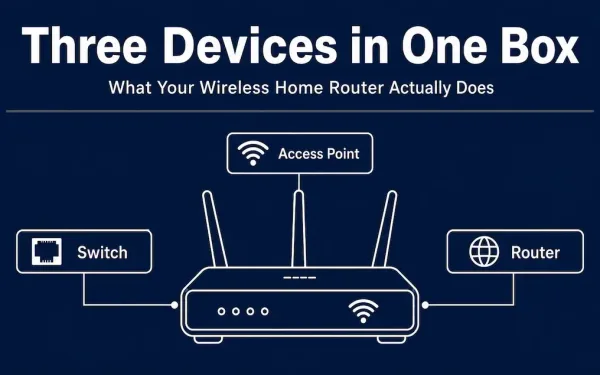 Infographic Showing A Wireless Home Router Labeled With Its Three Combined Functions: Access Point, Switch, And Router