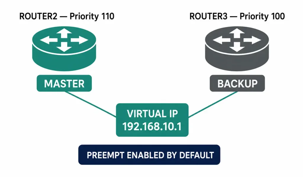 How To Configure Vrrp: The Open-Standard Alternative To Hsrp 2 Diagram Showing Router2 Winning Master Election By Priority And Reclaiming The Role Automatically After Recovery