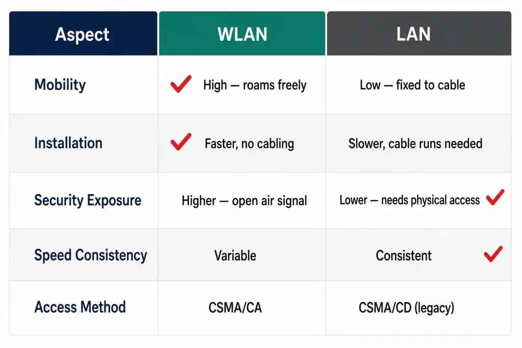 Comparison Between Wlan And Lan – Exclusive Explanation 4 Five-Row Comparison Table Contrasting Wlan And Lan Across Mobility, Installation, Security Exposure, Speed Consistency, And Access Method, With Checkmarks Highlighting Each Technology'S Strengths