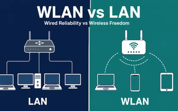 Split Infographic Comparing A Wired Lan Network With A Router And Four Connected Devices On The Left Against A Wireless Wlan Network With An Access Point And Three Wireless Devices On The Right