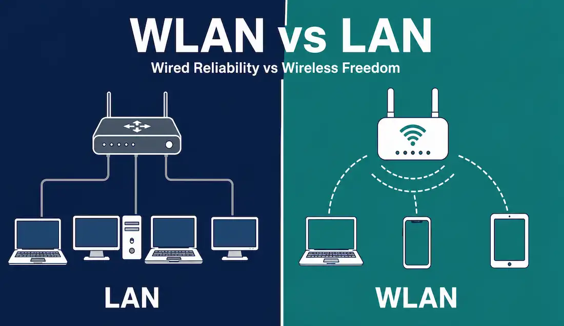 Comparison Between Wlan And Lan – Exclusive Explanation 1 Split Infographic Comparing A Wired Lan Network With A Router And Four Connected Devices On The Left Against A Wireless Wlan Network With An Access Point And Three Wireless Devices On The Right