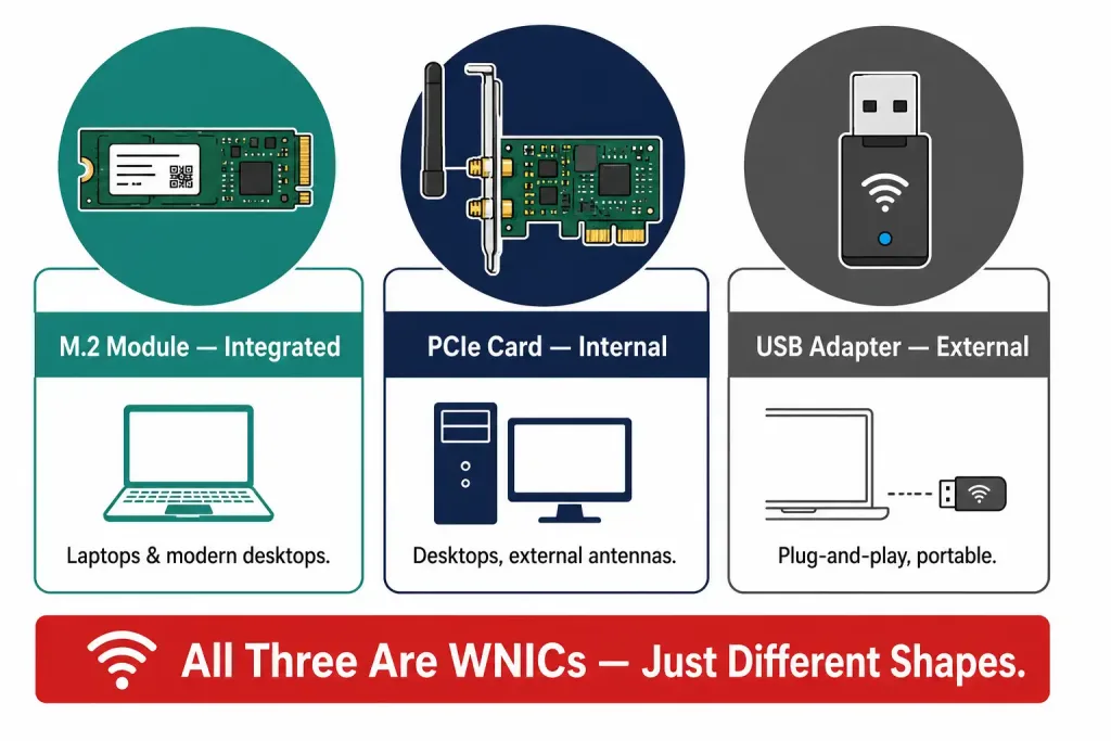 Wireless Network Interface Card (Wnic): How It Works, Types, And What Matters In 2026 2 Three-Column Comparison Of Wnic Form Factors: M.2 Integrated Module, Pcie Internal Card, And Usb External Adapter