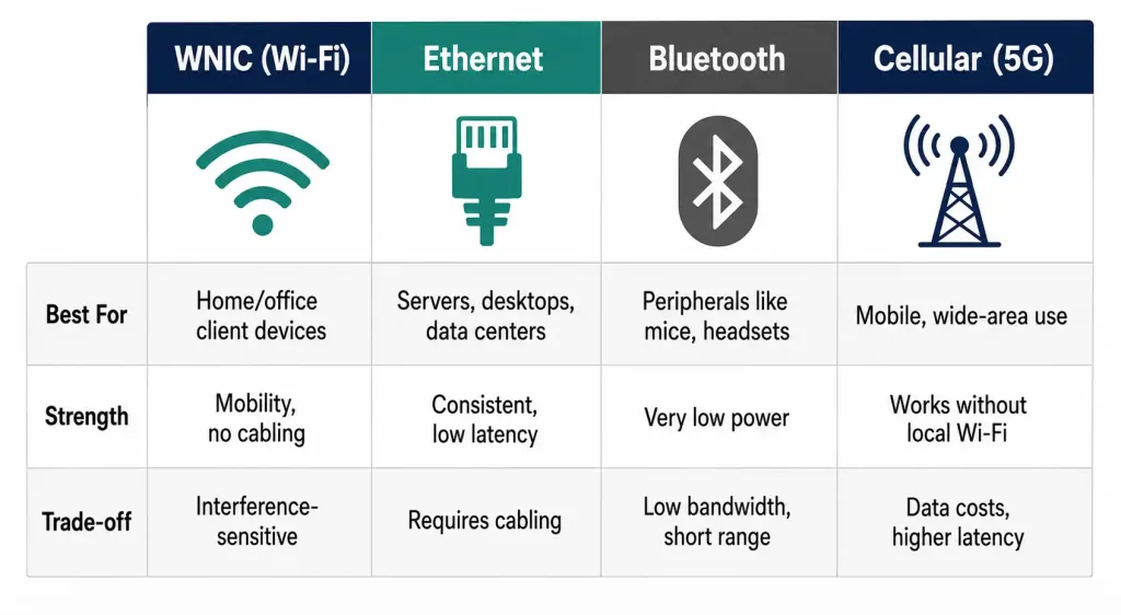 Wireless Network Interface Card (Wnic): How It Works, Types, And What Matters In 2026 4 Four-Column Comparison Table Of Wnic Wi-Fi, Ethernet, Bluetooth, And Cellular 5G Across Best Use Case, Strength, And Trade-Off